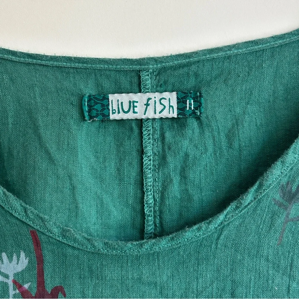 Blue Fish Handmade Hand Painted Teal Floral Summer Linen Dress EUC - Picture 6 of 6